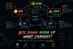 An infographic discussing 'BTC DOWN, NVDA UP - WHAT CHANGES?' with data points for Bitcoin, Nvidia, oil, DXY, and gold prices.