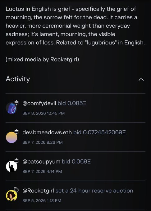 A digital bidding interface displays activity for a 'mixed media by Rocketgirl' artwork titled 'Luctus,' with bids from @comfydevil (0.085Ξ), dev.bmeadows.eth (0.0724542069Ξ), and @batsoupyum (0.069Ξ) during a 24-hour reserve auction.