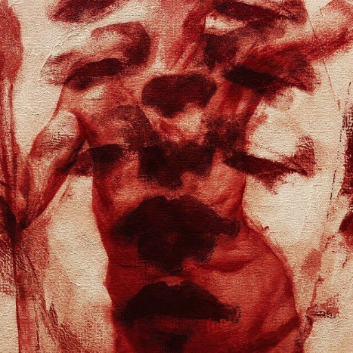 This abstract painting, rendered in deep reds and creams, depicts a distorted, ghostly face with dark, smudged features that visually embody the feeling of being a "prisoner of thoughts" described in the accompanying text.