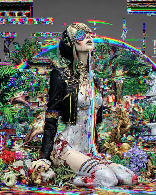 A vibrant, glitch-art style digital illustration of a pale woman with dark hair, wearing a black jacket and white outfit, sitting amidst a chaotic scene of flowers, statues, and a rainbow, with chromatic aberration effects throughout.