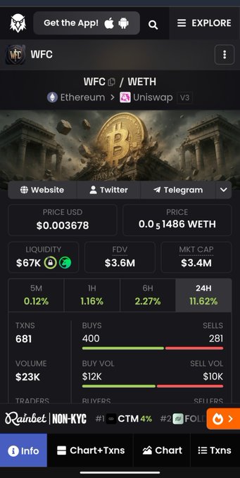 A mobile screenshot from a DEX app showing the WFC/WETH trading pair on Ethereum Uniswap V3, with price $0.003678, liquidity $67K, FDV $3.6M, and market cap $3.4M.
