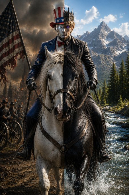 A dramatic cinematic image of a cyborg figure wearing an American flag top hat and a tattered US flag-patterned coat riding a black-and-white horse through water, with Union soldiers and a burning landscape in the background.