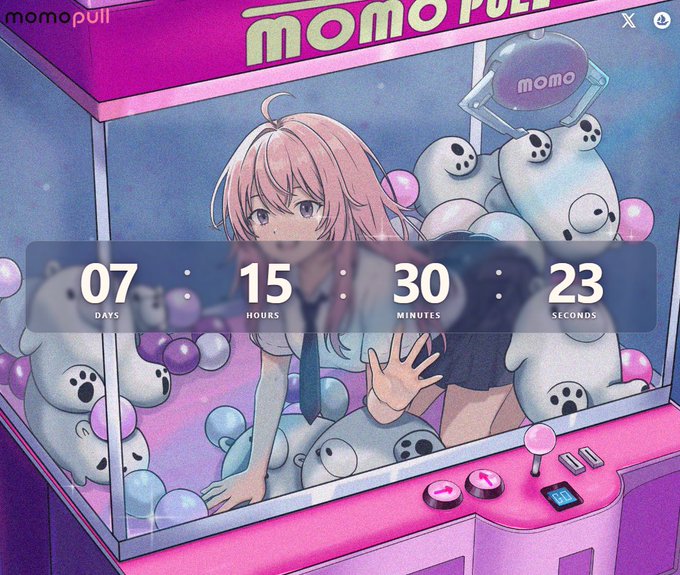 An anime-style promotional image for 'momopull' featuring a pink-haired character inside a claw machine with a countdown timer reading 07 days, 15 hours, 30 minutes, 23 seconds.