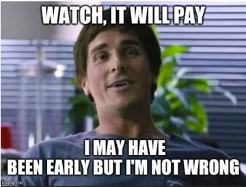 The image features a meme of a smiling man (resembling Christian Bale from "The Big Short") with the text "WATCH, IT WILL PAY" at the top and "I MAY HAVE BEEN EARLY BUT I'M NOT WRONG" at the bottom, capturing Dr. Michael Burry's vindication as his short position on Nebius (NBIS) surges over 21%.