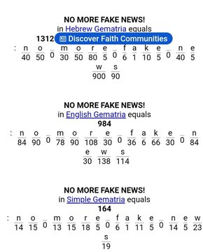 The image shows gematria calculations for "NO MORE FAKE NEWS!" in three forms: Hebrew Gematria (1312), English Gematria (984), and Simple Gematria (164), each with a character breakdown chart below. The caption notes the post's connection to XPR NETWORK and the Phoenix Suns.