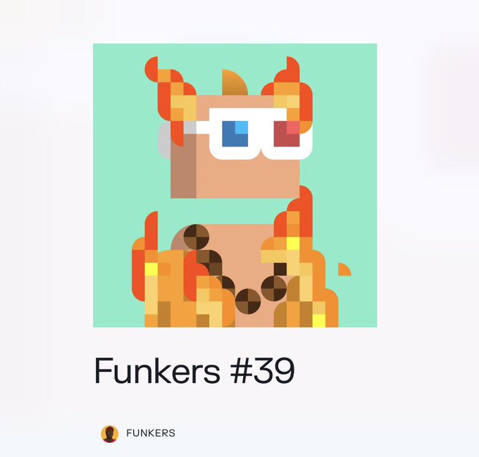 A digital art NFT titled "Funkers #39" featuring a pixelated character wearing red 3D glasses with orange flame-like hair, credited to "FUNKERS".