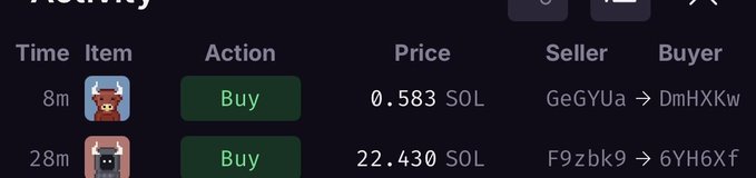 A cryptocurrency marketplace activity log showing two recent 'Buy' transactions: one for 0.583 SOL by GeGYUa to DmHXKw, and another for 22.430 SOL by F9zbk9 to 6YH6Xf.