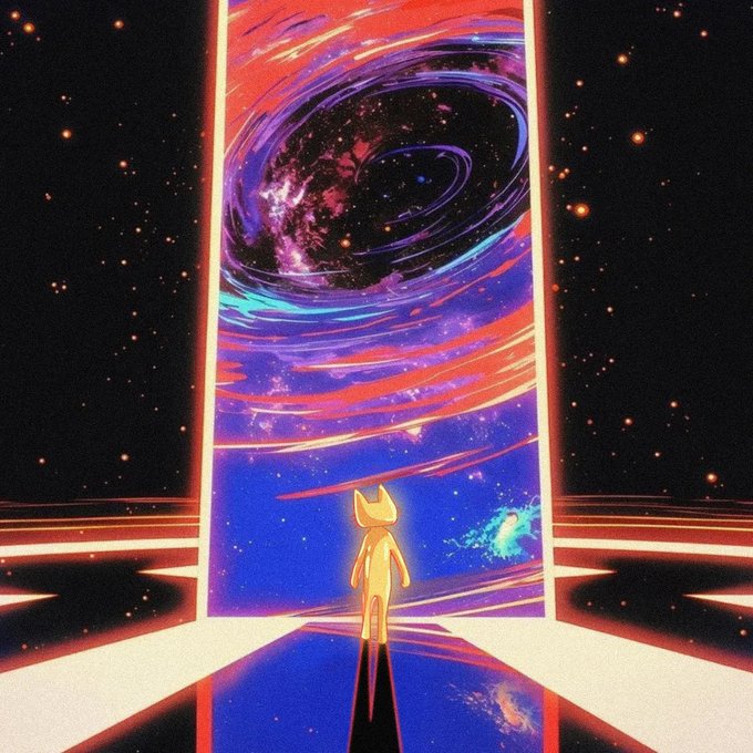 A small golden figure stands before a cosmic vortex swirling with vibrant purples and oranges, symbolizing a lone investor gazing into the vast, unpredictable expanse of the market, where a single catalyst—new eyes, a big buy, or a spark of hope—can transform deep losses into unexpected gains, rendering short-term unrealized profit and loss meaningless against the larger journey of long-term conviction.