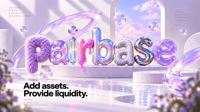 A dreamy, iridescent 3D render showcasing the word "fairbase" in glossy, pastel-hued balloon letters surrounded by floating bubbles and lavender flowers, with the tagline "Add assets. Provide liquidity." displayed on a circular podium. The ethereal, promotional aesthetic contrasts with the post's urgent crypto giveaway instructions, suggesting the image is used as an attention-grabbing backdrop for a flash liquidity drop announcement.