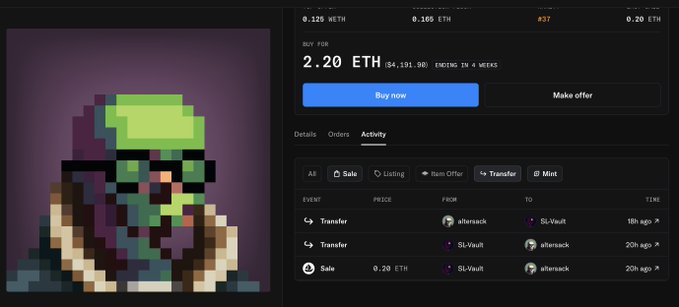 An NFT marketplace listing showing a pixel art character for sale at 2.20 ETH ($4,191.96), with transfer and sale activity history.