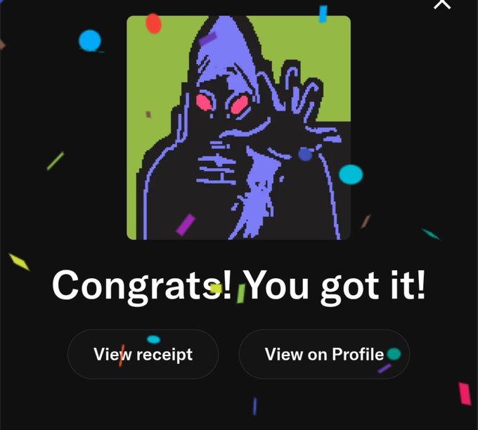 A digital art purchase confirmation screen displays a pixelated blue and green portrait of a hooded figure with red eyes, with the text 'Congrats! You got it!' and buttons for 'View receipt' and 'View on Profile' against a confetti background.