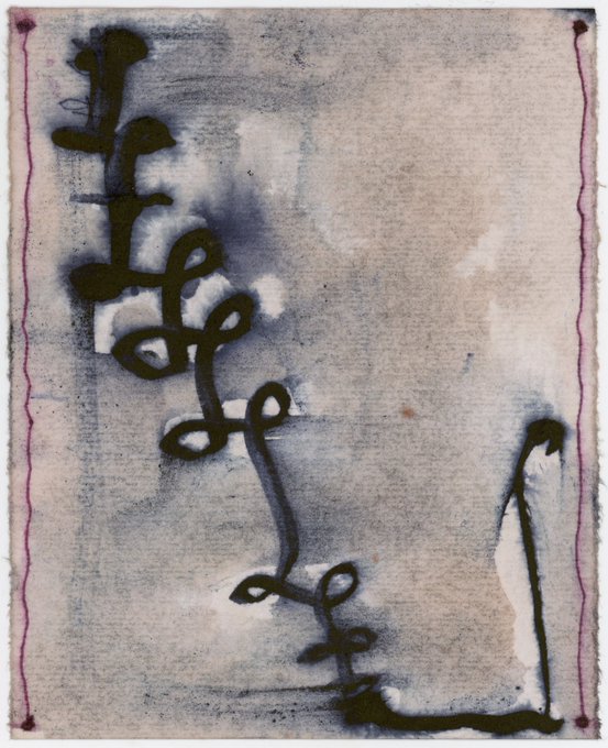 A dark, vine-like chain of looped shapes cascades diagonally across a textured, weathered background in muted earth tones, with thin magenta lines framing the composition. The piece appears to be an abstract mixed-media artwork, fitting with the announcement of minting the "Legados" NFT collection by artist Barbara Bezina on DropDotArt.