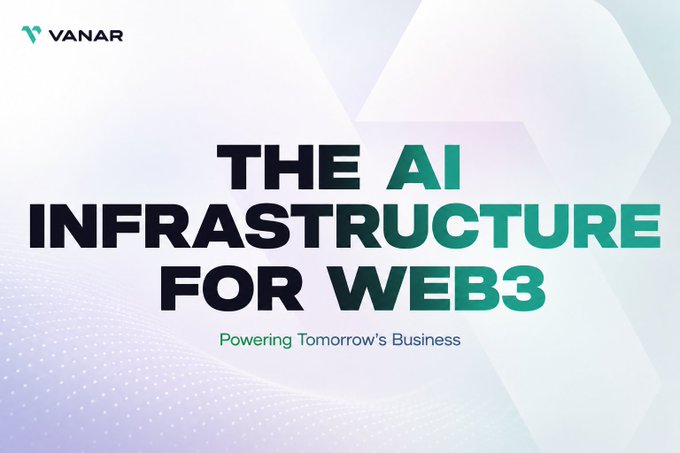 A promotional graphic for Vanarchain featuring the bold headline "THE AI INFRASTRUCTURE FOR WEB3" with the tagline "Powering Tomorrow's Business." The Vanar logo appears in the top left against a light gradient background with geometric accents, visually reinforcing the message about Vanarchain's AI-focused blockchain infrastructure designed to support evolving AI workflows beyond basic data storage.