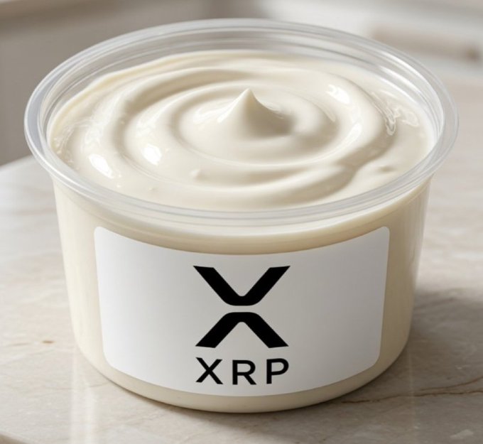 A tub of creamy white dip sits on a marble surface, labeled with the XRP logo and ticker, playfully tying the cryptocurrency to the post's question "Is $XRP your favorite dip?"