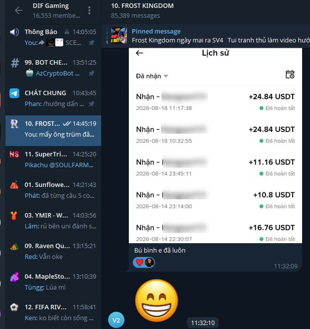 A Telegram app screenshot showing the 'DIF Gaming' group with a 'FROST KINGDOM' channel pinned, displaying transaction history with USDT amounts (+24.84, +11.16, +10.8, +16.76 USDT) and an account history screen in Vietnamese.