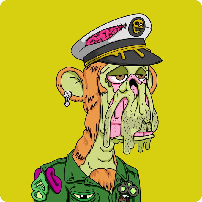 A cartoon-style digital illustration features a grotesque monkey character wearing a captain's hat and a green jacket with exposed brain details, set against a bright yellow background.