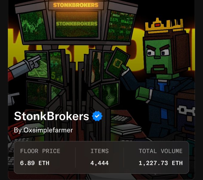 The image shows a StonkBrokers NFT listing by Oxsimplefarmer, featuring a pixel-art green-skinned character wearing a crown and holding money, surrounded by stock market monitors displaying "STONKBROKERS" with a verified blue checkmark. The listing displays key stats: a 6.89 ETH floor price, 4,444 items, and 1,227.73 ETH total volume, which aligns with the post's mention of the ~7 ETH floor price and highlights the project's quick financial success from its $50 mint cost to massive secondary market returns.