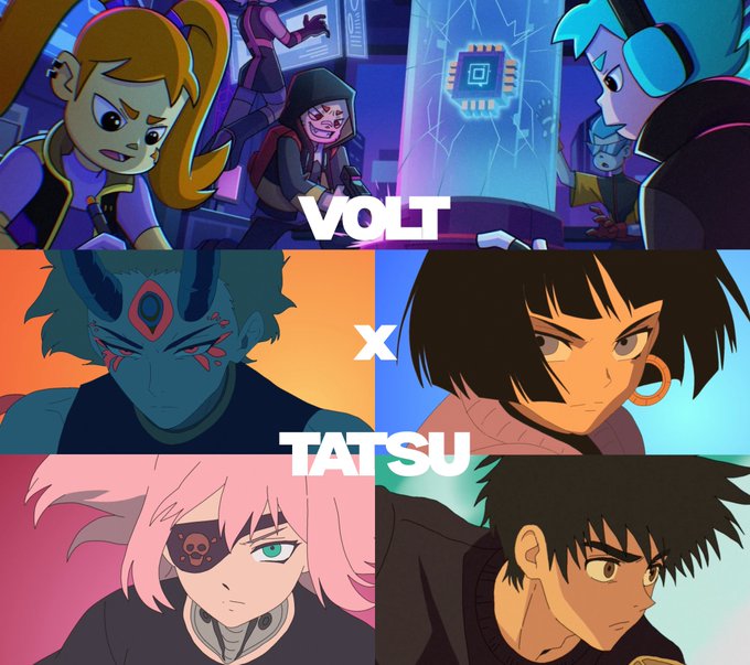 The image is a promotional graphic announcing a collaboration between Volt and Tatsu, featuring character artwork and the text "VOLT x TATSU." The artwork showcases various animated characters, connecting to the post's announcement of a partnership and upcoming mint with a giveaway planned for Tatsu holders.