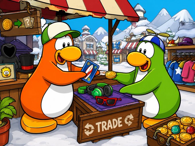 A cartoon scene showing two penguin-like characters trading items at a wooden stall labeled "TRADE", with one holding a playing card and the other offering a gold coin, set in a snowy town.