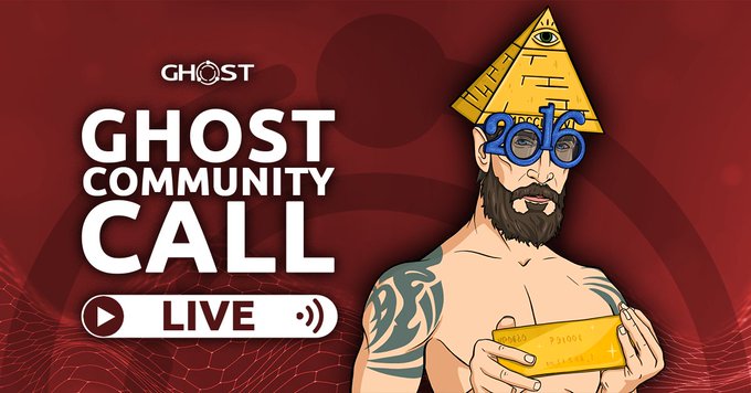 The image features a cartoon man with a beard wearing glasses, holding a gold barbell above his head. The background of the image is red, and there are words written in white text that say "GHOST Community Call" at the top, followed by "Q2" and "LIVE NOW! LIVE STREAM: ghostchain.io/call". This suggests that the image is related to a live stream or event where people can participate in discussions about the Ghost community.