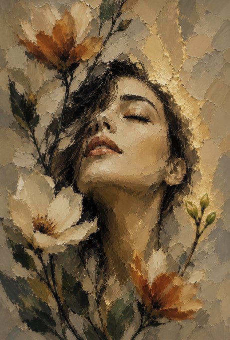 A woman with closed eyes tilts her face upward, surrounded by flowers in an impressionistic, textured oil painting style. The image embodies the post's "Life is art" theme, presenting beauty and serenity as artistic expression.