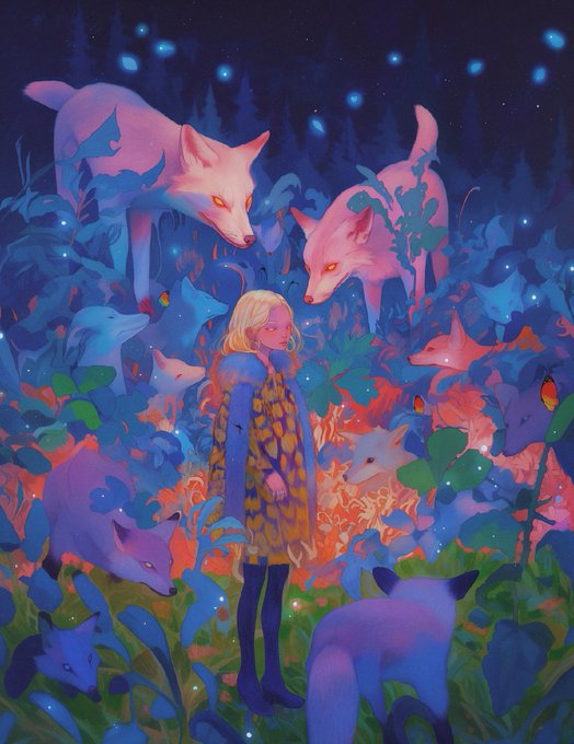 A digital painting depicting a blonde girl in a yellow dress standing in a magical forest, surrounded by glowing pink wolves and blue spirits under a starry night sky.