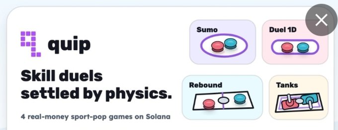 Promotional graphic for 'quip' advertising 'Skill duels settled by physics' with four real-money sport-pop games on Solana, displaying icons for Sumo, Duel 1D, Rebound, and Tanks.