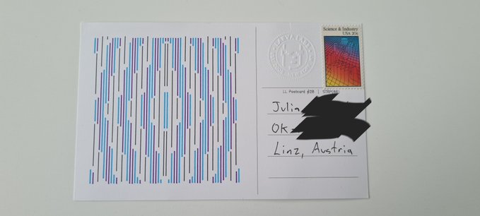 A postcard featuring a colorful pattern of vertical stripes on one side and a "Science & Technology USA 20c" stamp with a partial address reading "Linz, Austria" on the other, with the recipient's name redacted. The image relates to the post by showing the actual card that moved the sender to tears, apparently sent by Larva Labs.
