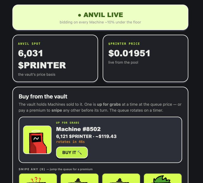 A screenshot from Anvil Live shows a token market with SPRINTER price at $0.01951, an Anvil Spot of 6,031 SPRINTER, and a Machine #8502 available to buy for $119.43.