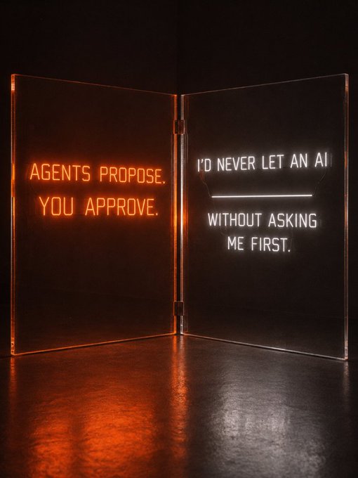 A glass pane displays two neon-lit messages: "AGENTS PROPOSE. YOU APPROVE." in orange, opposite "I'D NEVER LET AN AI ___________ WITHOUT ASKING ME FIRST." in white, visually framing the post's fill-in-the-blank challenge about AI agent autonomy.