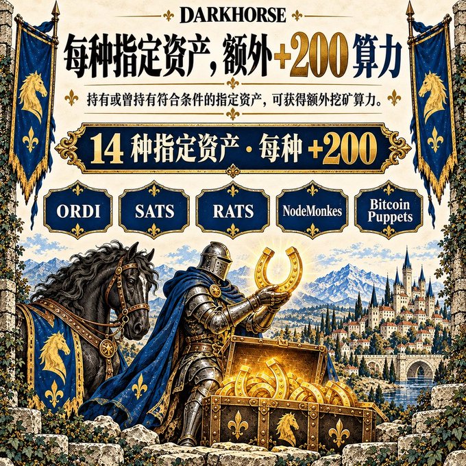 A 'DARKHORSE' promotional image in Chinese and English offering '+200' mining power for holding specified assets, listing 'ORDI', 'SATS', 'RATS', 'NodeMonkes', and 'Bitcoin Puppets'.