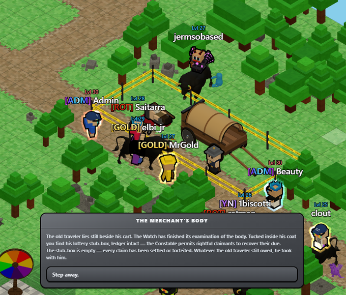 The same pixel-art game scene now with more players (including 'jermsobased', '[ADM] Admin', 'Saitarra', and '[GOLD] MrGold'), showing a dialogue box titled 'THE MERCHANT'S BODY' that explains the Watch has finished examining the old traveler.