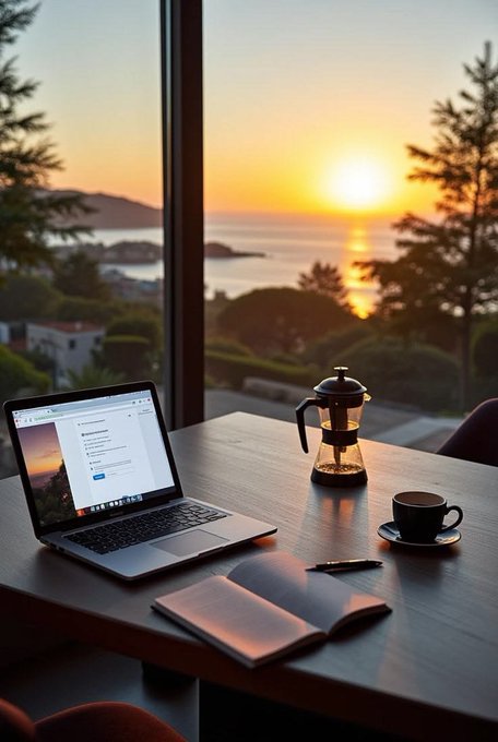 A serene desk scene by a window overlooks a sunset over the ocean, featuring a laptop, French press, coffee cup, and open notebook.