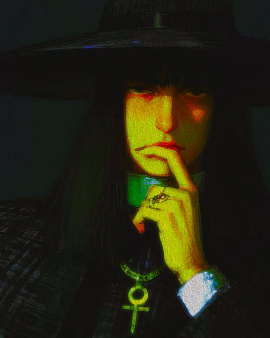 A stylized, dark illustration of a mysterious figure wearing a wide-brimmed black hat, with their face illuminated in yellow and red tones, holding a finger to their lips and wearing a green ankh pendant.