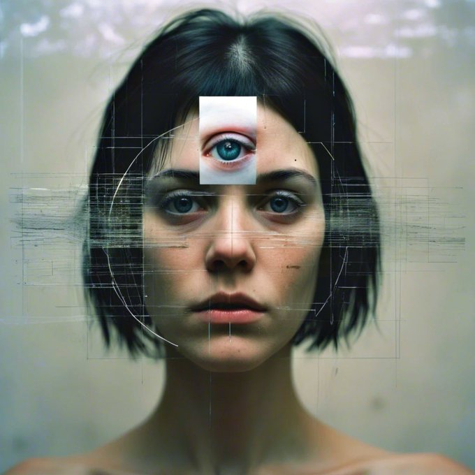 A surreal portrait of a dark-haired woman with a cutout image of a single eye floating over her forehead, surrounded by wireframe sketches and digital measurement lines.