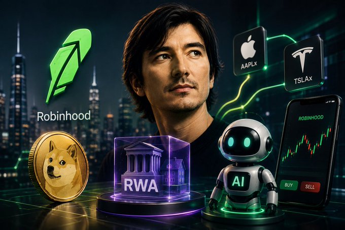 A promotional composite image features a central male figure surrounded by trading and crypto imagery including the Robinhood logo, AAPLX, TSLAX, a Dogecoin, an RWA token, an AI robot, and a phone showing a trading chart.