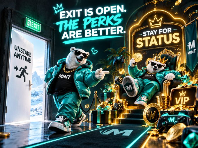 https://i.imgur.com/Panda mascots placeholder. Actually: A promotional graphic with cartoon panda mascots wearing teal tracksuits, featuring text "EXIT IS OPEN. THE PERKS ARE BETTER" and "STAY FOR STATUS," branded with the "MINT" logo, depicting a contrast between an exit door and a VIP lounge.
