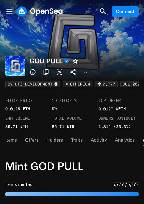 The image shows an OpenSea NFT collection page for "GOD PULL" by DFZ_DEVELOPMENT, which has fully sold out at 7,777/7,777 items minted on Ethereum, with a floor price of 0.0125 ETH and 24-hour volume of 86.71 ETH. The complete mint-out aligns perfectly with the "LFG now the fun begins" caption, celebrating the collection's successful launch and signaling that post-mint trading activity is now underway.