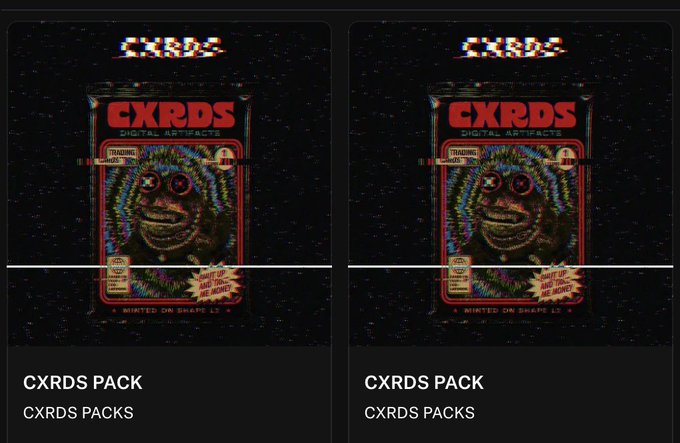 Two identical CXRDS Pack NFT collectibles displayed side by side, featuring trading card-style artwork of a character with red eyes and text 'CXRDS Digital Artifacts, Minted on Shape L2.'