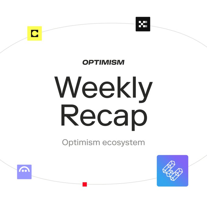 A graphic titled "Optimism Weekly Recap" with the subtitle "Optimism ecosystem," featuring colorful app icons arranged along a curved line. The image ties to the post by visually introducing a summary of developments within the Optimism network and its OP Stack.