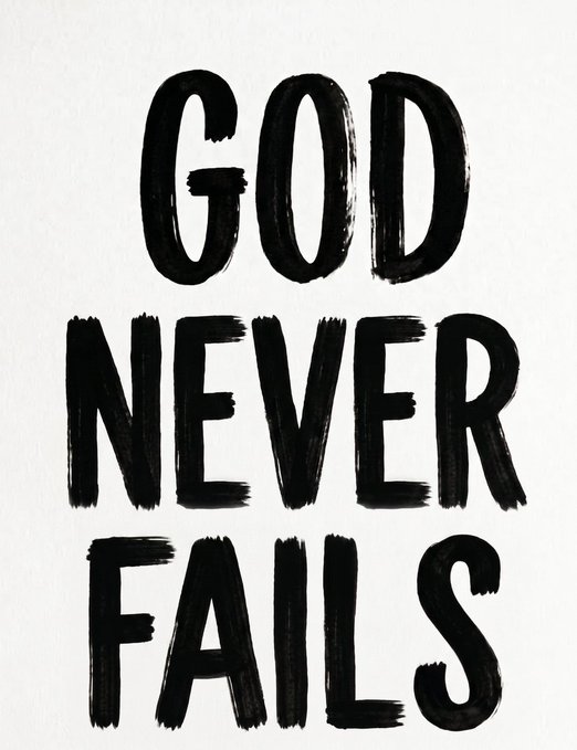 A minimalist design featuring bold, black brushstroke-style text reading 'GOD NEVER FAILS' on a plain white background.
