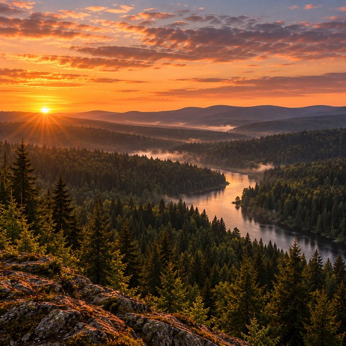 A stunning sunrise over a mist-covered river winding through dense pine forests and distant hills. The image evokes a sense of new beginnings and anticipation, perfectly mirroring the post's message about embracing fresh opportunities on the horizon.