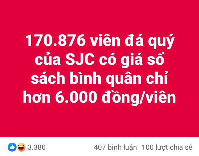 Red graphic in Vietnamese stating that 170,876 SJC precious stones have an average book value of just over 6,000 dong/stone, with 3,380 reactions and 407 comments.