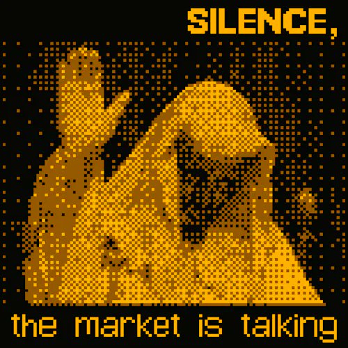 A pixel-art figure covered in a mosaic of golden dots sits on a dithered surface, with the bold text "SILENCE," at the top and "the market is talking" along the bottom—evoking the contemplative "silence" referenced in the post. The warm amber color scheme and pixelated aesthetic complement the $RARE NFT theme, while the figure's contemplative pose mirrors the quiet observation of market activity mentioned in the caption.