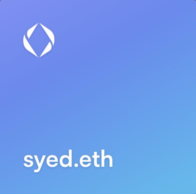 The image shows a gradient blue-purple background featuring the ENS (Ethereum Name Service) diamond logo in the upper left corner, with the text "syed.eth" displayed in white at the bottom center. This represents the ENS name "syed.eth" being showcased, tying to the post's reference to a specific ENS name ranked #202 among top forenames.