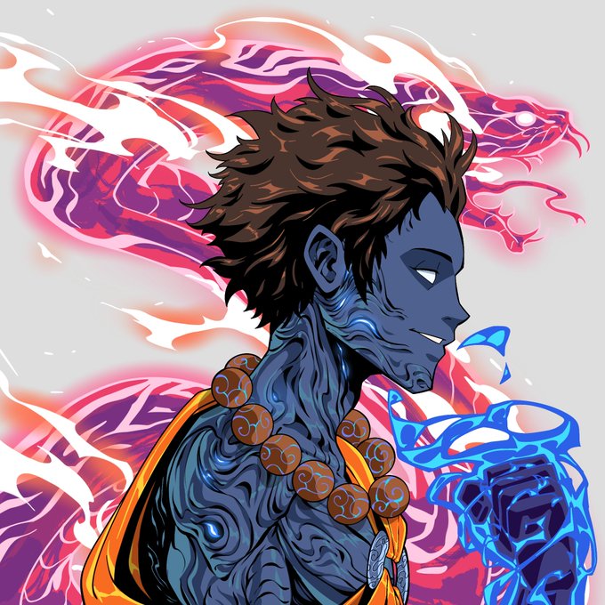 The image is a digital illustration of a character from a comic book with blue hair that has green eyes, looking down at her cell phone. The background features a snake-like shape and pink smoke coming out of it, creating an atmospheric setting. There's also a tagline in white text that says "still can't believe I've minted this sick art for FREE # 218/388 NFTs minted so far top sale is 1 SOL (~$65) you can still have chance for get spot by grind on discord & support on X will you grab the chance?". The combination of colors and imagery makes it an interesting and captivating piece.