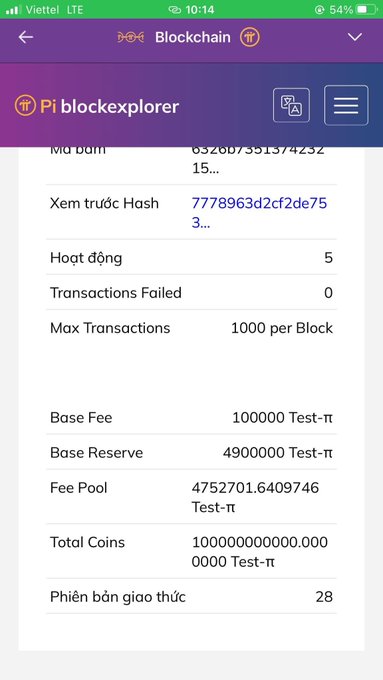 A screenshot of the Pi blockexplorer shows that Testnet 1 is currently running protocol version 28, with 5 active validators, a base fee of 100,000 Test-π, and a total coin supply of 100 billion Test-π—aligning with the post's announcement of the V28 protocol launch and ongoing Testnet upgrades.