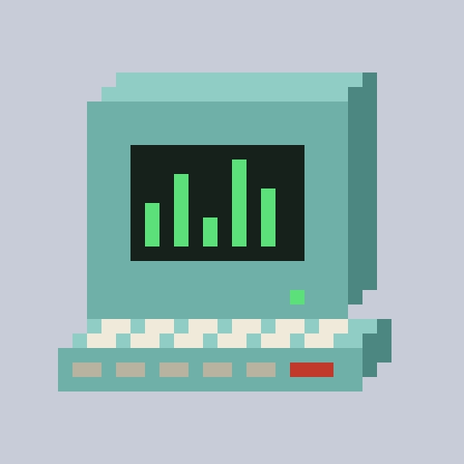 A retro pixel-art illustration of a vintage computer with a green bar graph displayed on its monitor, symbolizing data analysis or research. The image visually reinforces the "Study owning $OTC Desks" concept by representing the analytical process of tracking over-the-counter (OTC) desk ownership and performance metrics.