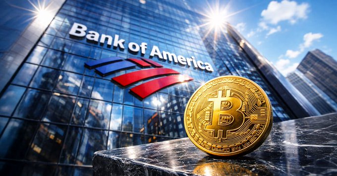 A gold Bitcoin sits prominently in the foreground atop a marble pedestal, with the Bank of America logo and facade displayed on a glass skyscraper behind it—symbolically linking the bank's corporate identity to digital assets. The accompanying text notes that Bank of America has appointed senior leaders overseeing Digital Assets, Blockchain, and AI, signaling deeper integration of cryptocurrency into Wall Street's financial infrastructure.
