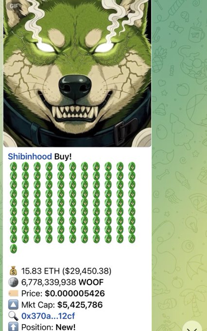 A fierce green Shiba Inu snarls above a grid of small Shiba icons, captioned "Shibinhod Buy!" with pricing details showing 15.83 ETH ($29,450.38), 6,778,339,938 WOOF tokens at $0.000005426 each, a market cap of $5,425,786, and a Telegram link (t.me/0x370a112cf), reflecting the post's message of confident $WOOF holders accumulating dips amid skepticism.